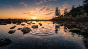 image of lake edge with rocks and a ripple on the water during a sunset