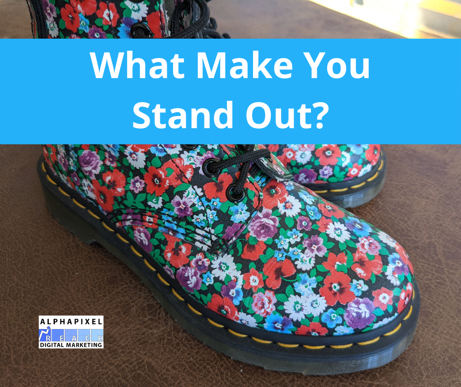 Floral shoes with text that says What Makes You Stand Out?
